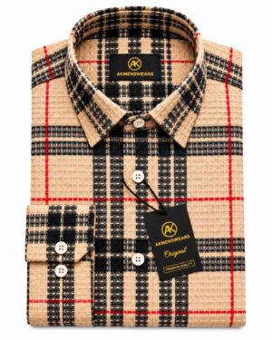 ​AK Menswears Men’s Stylish Waffle Textured Check Shirt Beige/Black